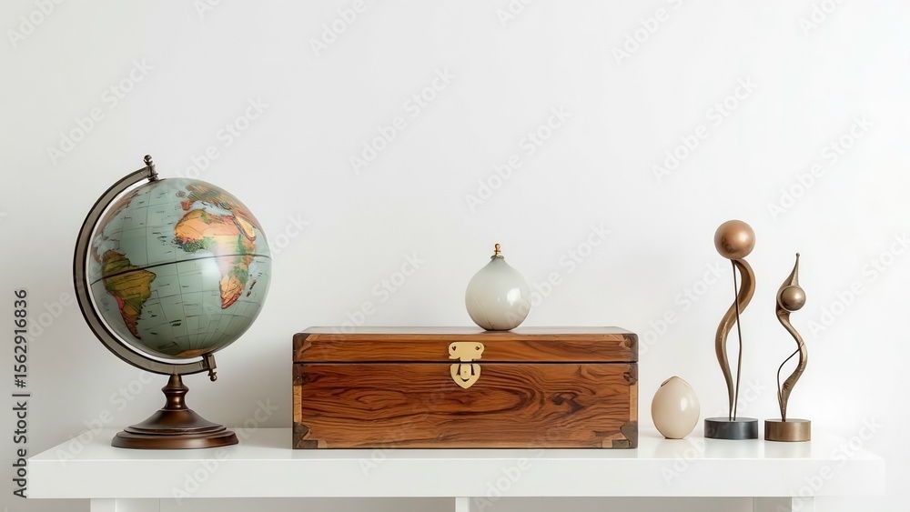 Collection of decorative objects including a globe wooden chest and ...