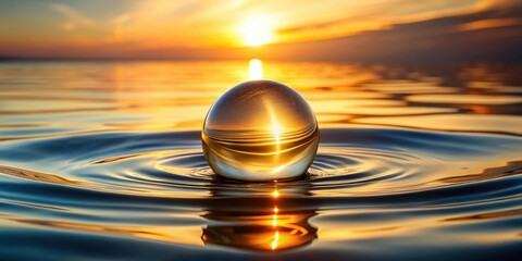 Wall Mural - Serene Sunset Reflection A Glass Sphere Floating Gently on Calm Water, Illuminated by Golden Hour Light