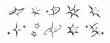© klyaksun - Chrome star emoticon set with metallic silver sparkles, swoosh trail, cluster formation, curved motion line and sharp pointed bursts for y2k aesthetic design, retro digital art or shiny interface.