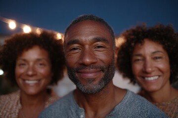 Wall Mural - group selfie with neighbors smiling under twilight sky