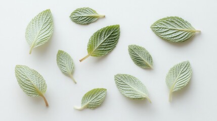 Wall Mural - light green leaves arranged on a white background.