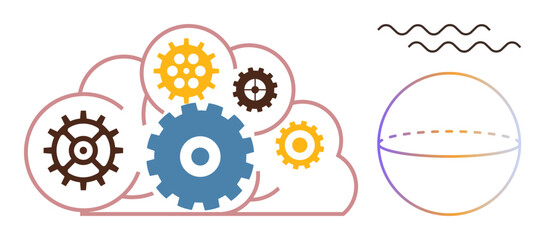Gears inside cloud convey system automation and integration. Abstract sphere and wavy lines symbolize digital networks. Ideal for technology, innovation, cloud services, data, automation
