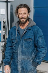 Wall Mural - smiling worker holding hose at self-service car wash bay