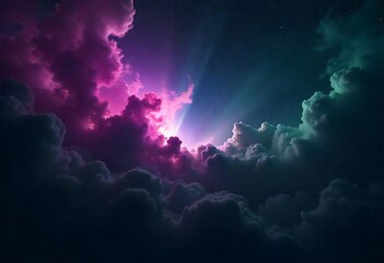 Wall Mural - dramatic night sky above clouds vibrant pink and teal hues celestial light beams