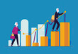 © Perfect Vector - Elderly senior couple climbing rising bar chart graph with increasing age demographic and population growth concept flat vector illustration