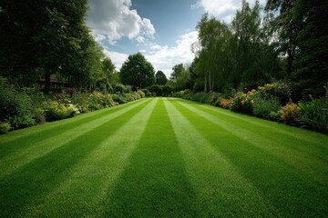 Wall Mural - empty lawn with stripes showing recent mowing pattern