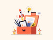 © nina - an open toolkit or drawer containing productivity symbols like a rocket, pen, lightbulb, calendar, chat bubble light neutral background