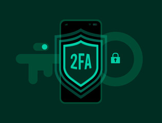 Wall Mural - two factor authentication mobile screen with shield icon and security lock login protection. 2fa cyb