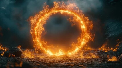 Wall Mural - Fiery ring of fire burning intensely with bright orange flame on dark rocky ground surrounded by smoke creating intense dramatic atmosphere with embers and burning fire ring