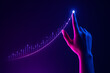 © NongEngEng - AI generated futuristic digital art of a glowing human hand interacting with a rising neon data curve symbolizing growth technology and decision making