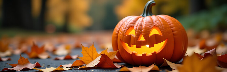Wall Mural - smiling pumpkin sits colorful carpet autumn leaves face brightening spooky halloween