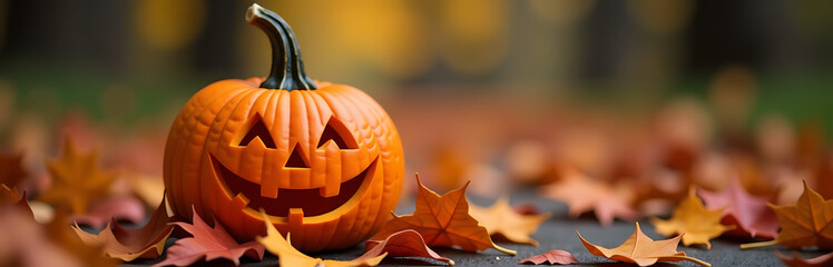 Wall Mural - smiling pumpkin sits colorful carpet autumn leaves face brightening spooky halloween