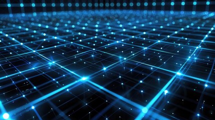 Wall Mural - digital grid of neon blue lines over black background, tech interface style