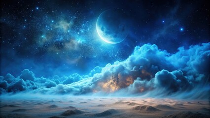Wall Mural - Serene Nightscape A Dreamlike Celestial Scene with a Crescent Moon, Starry Sky, and Misty Dunes