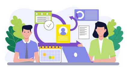 Scrum workflow with two team members, suitable for Agile project management blog posts, website illustrations, and business presentations.