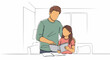 © olga - Father and daughter studying a book together in a cozy interior setting.