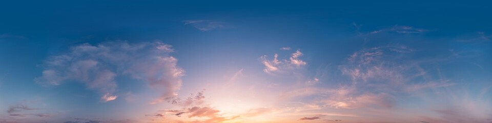 Wall Mural - sunset sky with bright glowing pink cirrus clouds. seamless spherical hdr 360 panorama. full zenith 