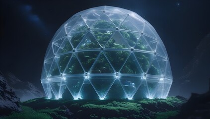 Wall Mural - A large geodesic dome encloses a lush, green environment, glowing softly against the dark night sky. The scene suggests a futuristic or extraterrestrial habitat with a focus on sustainability