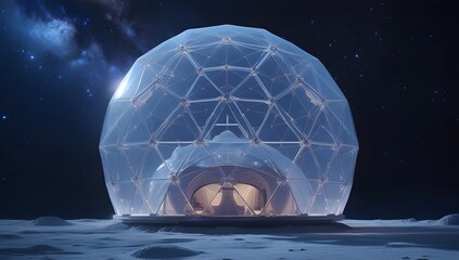 Wall Mural - Futuristic Dome on Moon. A geodesic dome structure stands prominently on a barren lunar landscape under a starry sky. The transparent material of the dome reflects the light from distant star