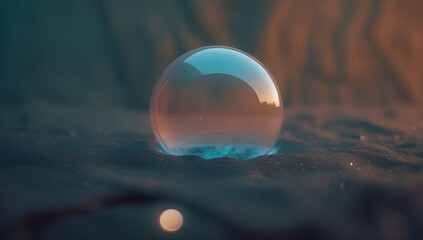 Wall Mural - A delicate bubble rests on a smooth surface, reflecting soft hues of blue and orange from its surroundings. The light creates a serene and dreamy atmosphere, emphasizing the bubble's fragility 