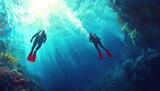 Two scuba divers explore vibrant coral reef, sunlight beams through water