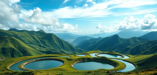 Wall Mural - Green mountains, dramatic sky, abstract circular water pools; artistic vector landscape ,  peaceful,  paint