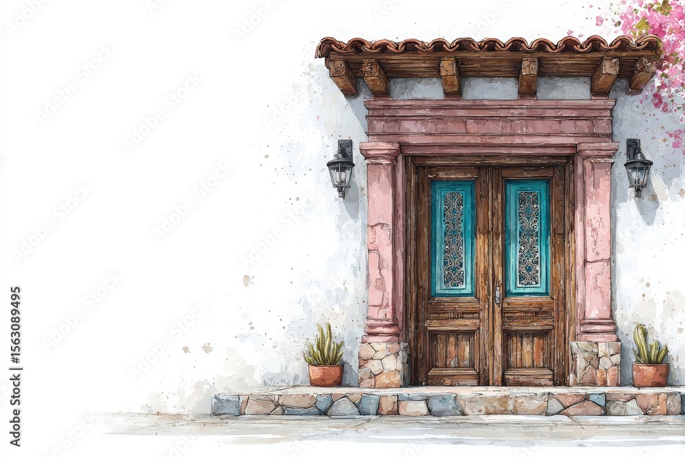 A sturdy wooden door adorned with intricate carvings stands prominently against a white wall. Potted plants and a charming roof enhance the inviting atmosphere in the sunny setting.