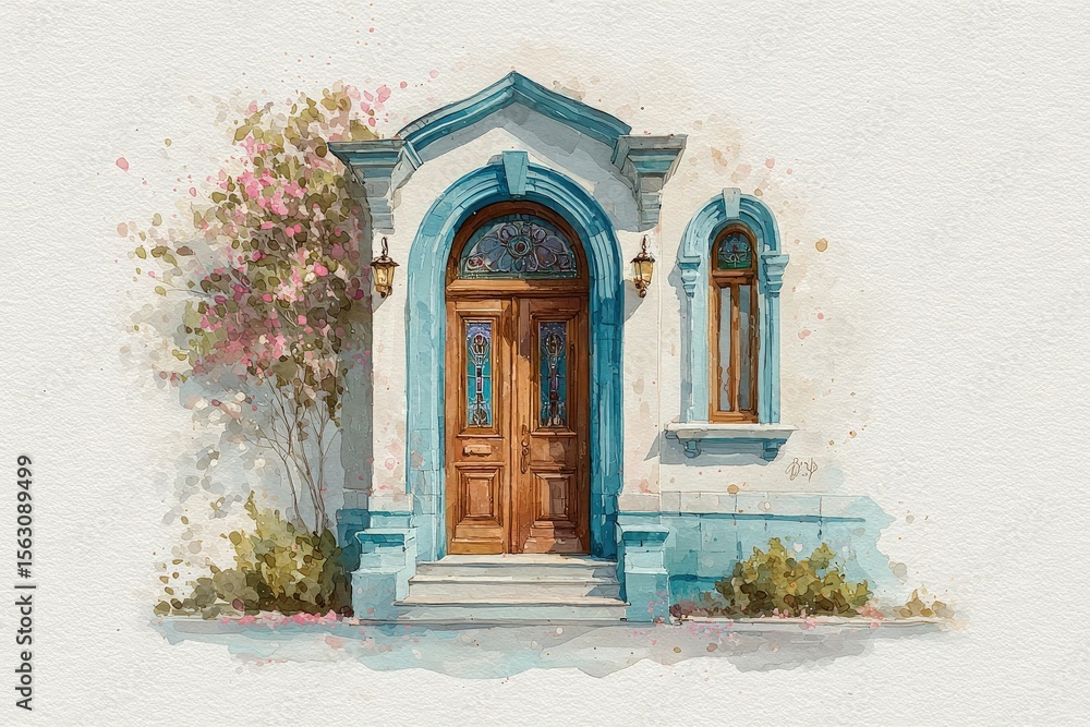 This lovely entrance features double wooden doors framed by blue trim and elegant outdoor lighting. Surrounded by blooming plants, it exudes a welcoming and tranquil atmosphere.