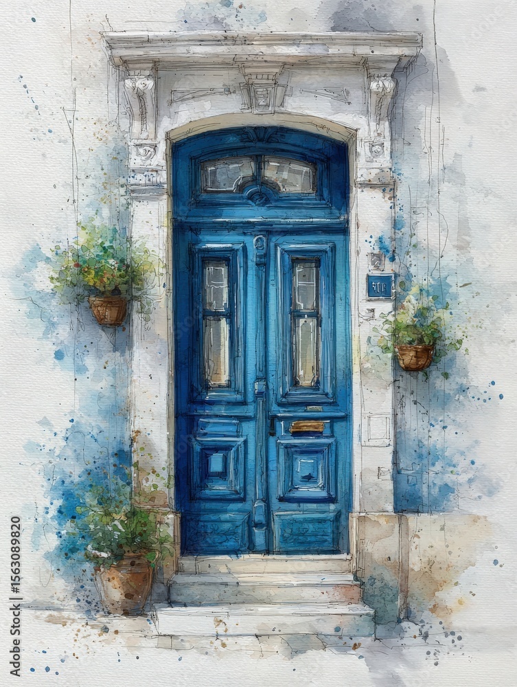 A vibrant blue wooden door framed by elegant architecture. Decorative pots with flowers hang beside it, enhancing the rustic charm. The setting evokes a serene atmosphere of a quaint street.