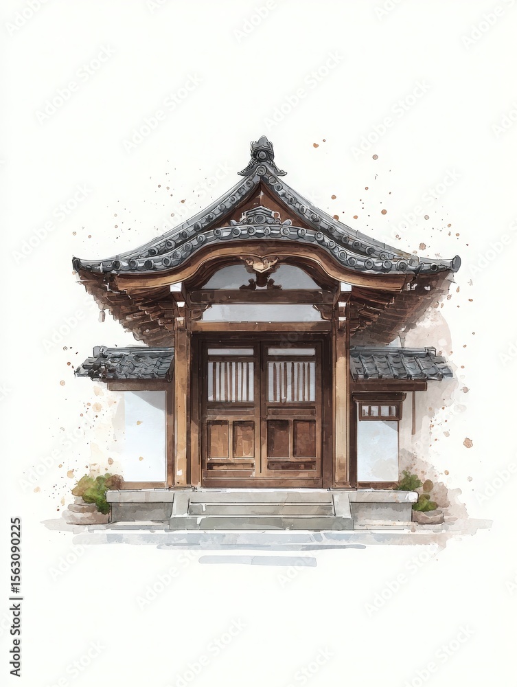 A wooden structure features a beautifully crafted roof with ornate details. The surrounding courtyard is serene, highlighting the elegance of traditional architecture in a peaceful environment.
