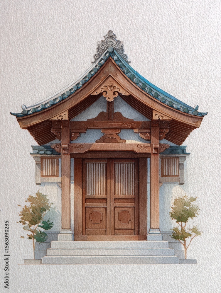 A detailed depiction of a traditional Japanese temple entrance, showcasing intricate wooden architecture, stone steps, and small trees flanking the sides.
