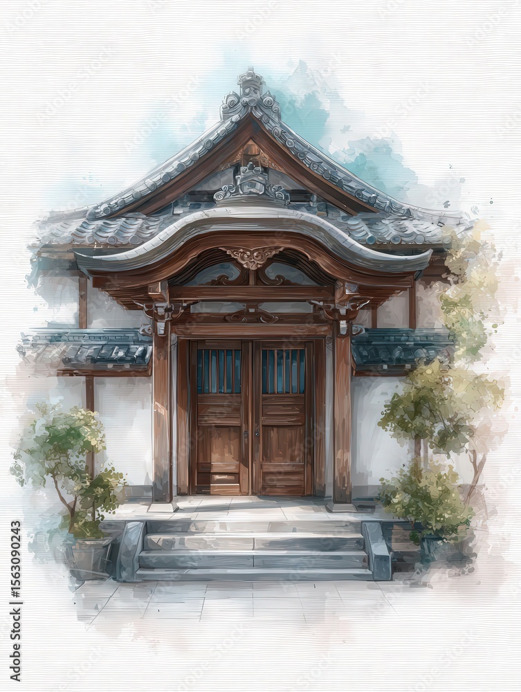 The structure features intricate wooden designs and a gracefully curved roof. Lush greenery frames the entrance, creating a calm and inviting atmosphere in a tranquil environment.