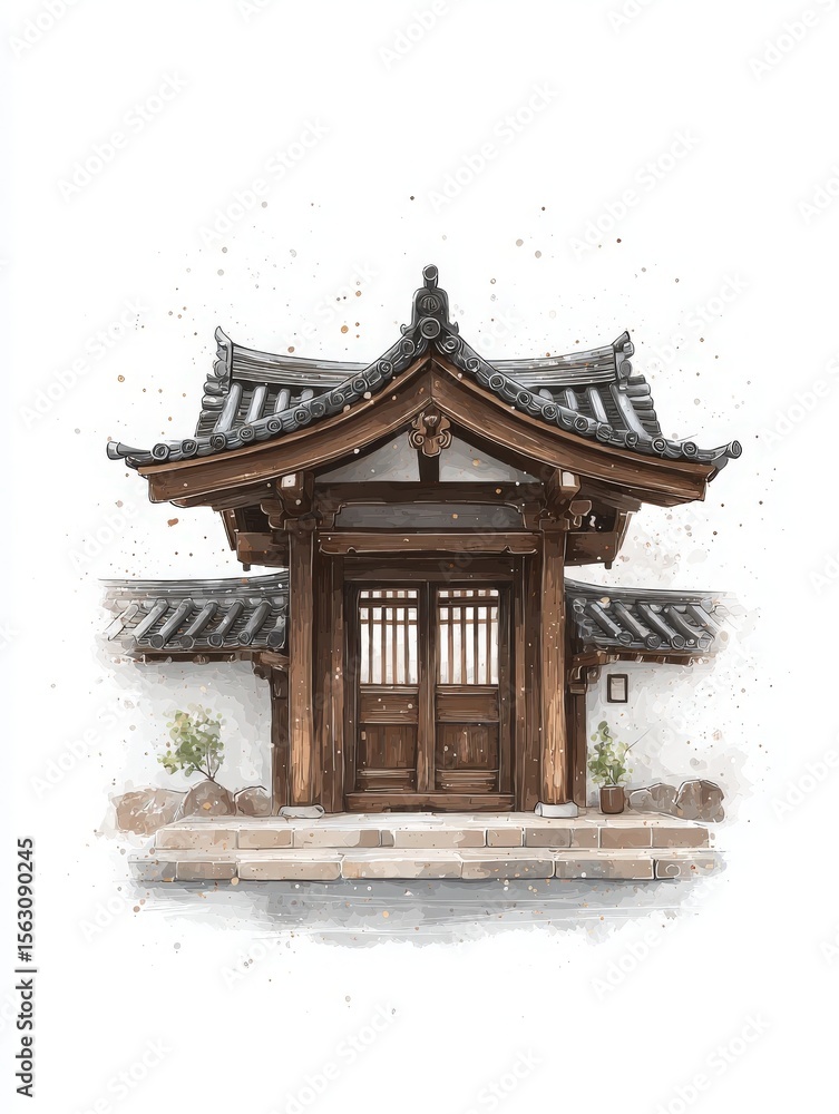 A beautifully crafted wooden gate marks the entrance to a traditional Korean house. The detailed design features ornate roofs, solid doors, and stone pathways, emphasizing cultural heritage.