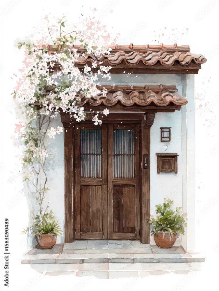 The rustic entrance features double wooden doors adorned with glass panels. Delicate flowers bloom around the doorframe, enhancing the serene atmosphere of the spring season.