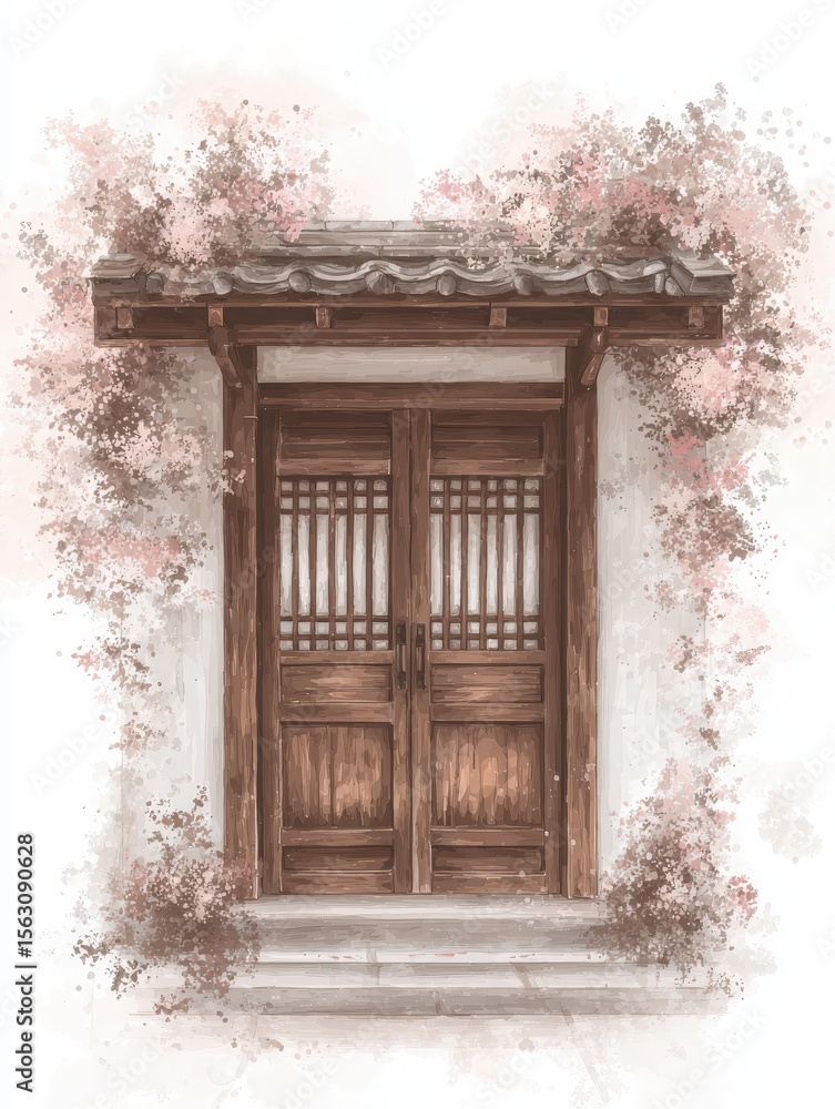A traditional wooden door, finely crafted with slatted panels, is framed by delicate pink flowers, set against a soft, neutral background. The scene reflects tranquility and craftsmanship.