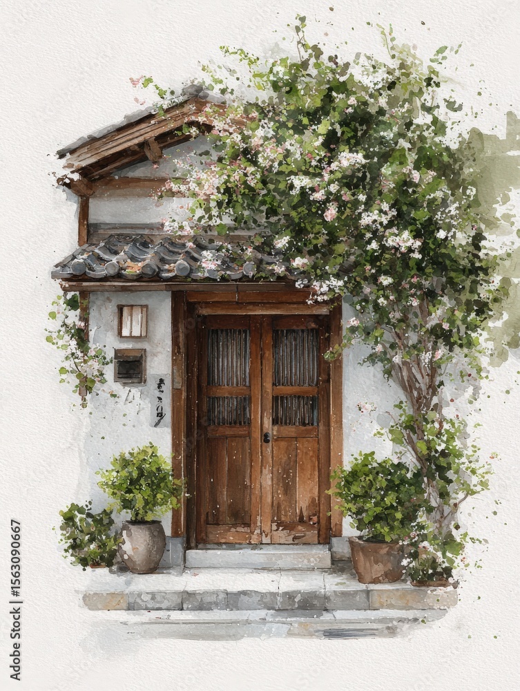 Lush plants surround a rustic wooden door in a serene setting. The architecture features ornate details and a warm, inviting atmosphere, creating a peaceful ambiance.