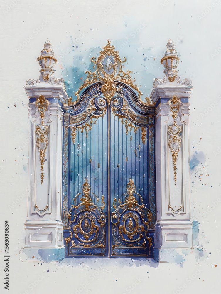 This enchanting wrought iron gate features intricate designs and golden accents, set against a soft blue watercolor background.