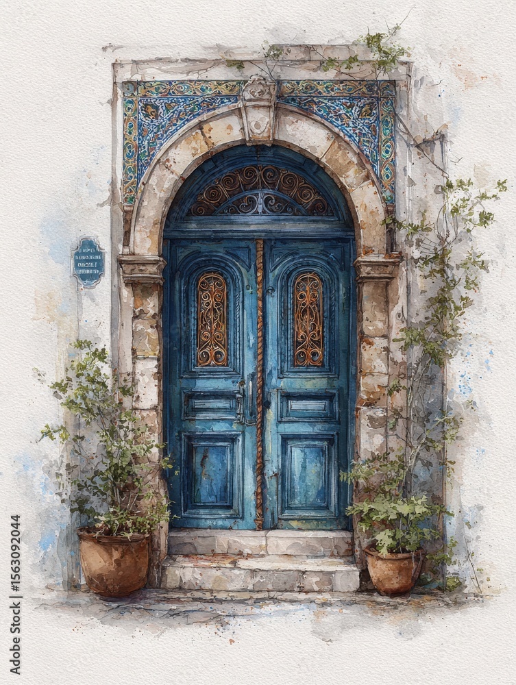 A pair of ornate blue doors framed by detailed carvings and surrounded by greenery in terracotta pots. The weathered stone wall and artistic elements create a picturesque scene that exudes charm.