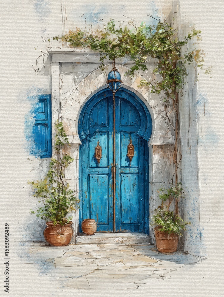 A vibrant blue door framed by lush greenery and terracotta pots creates an inviting atmosphere. The weathered stone walls add character to this picturesque entryway, suggesting a serene location.