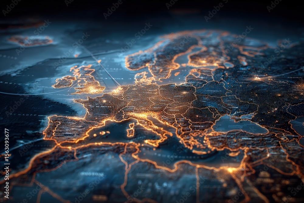 A digital representation of Europe at night highlights illuminated cities, outlines national borders, and showcases geographic features. Bright lights connect major urban areas across the continent.