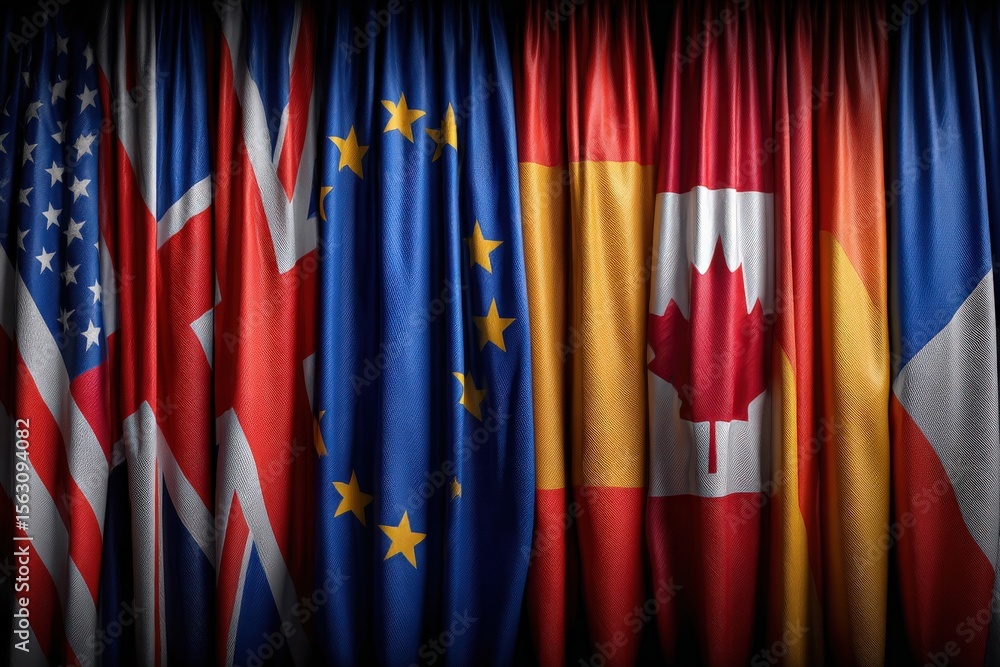 A collection of flags from various nations is elegantly arranged on a dark curtain background.