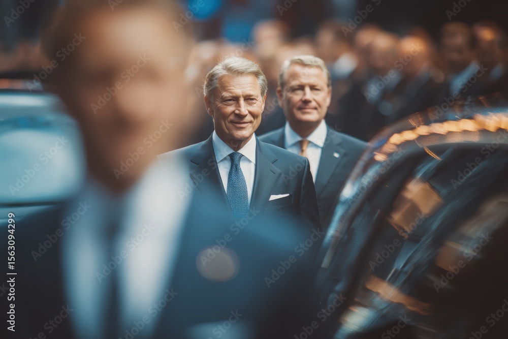 Two business professionals stroll through a bustling city street, with a blurred background of additional figures in suits. The sunlight highlights their polished attire.