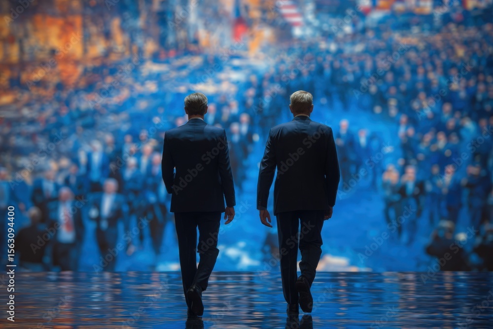Two men in sharp suits are walking away from a colorful backdrop depicting a crowded city scene. The atmosphere feels dynamic as they move toward the illuminated horizon at dusk.