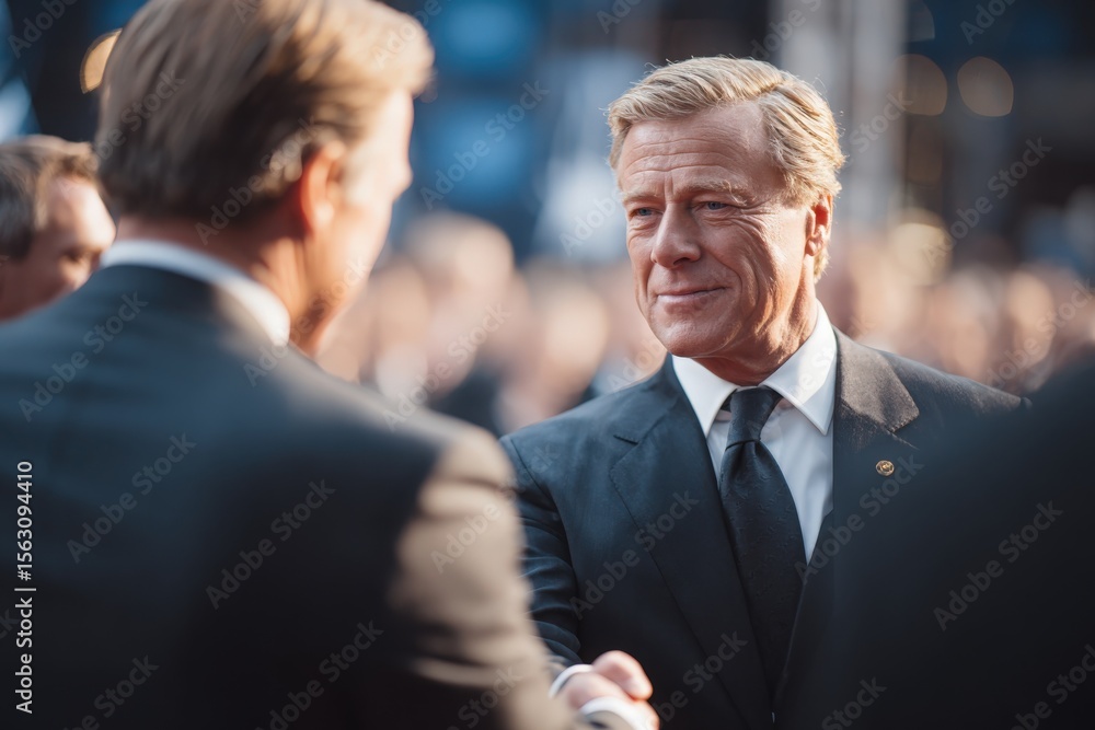A group of well-dressed business leaders engages in networking at a formal event. An executive is seen greeting another with a firm handshake, smiling in a vibrant atmosphere.