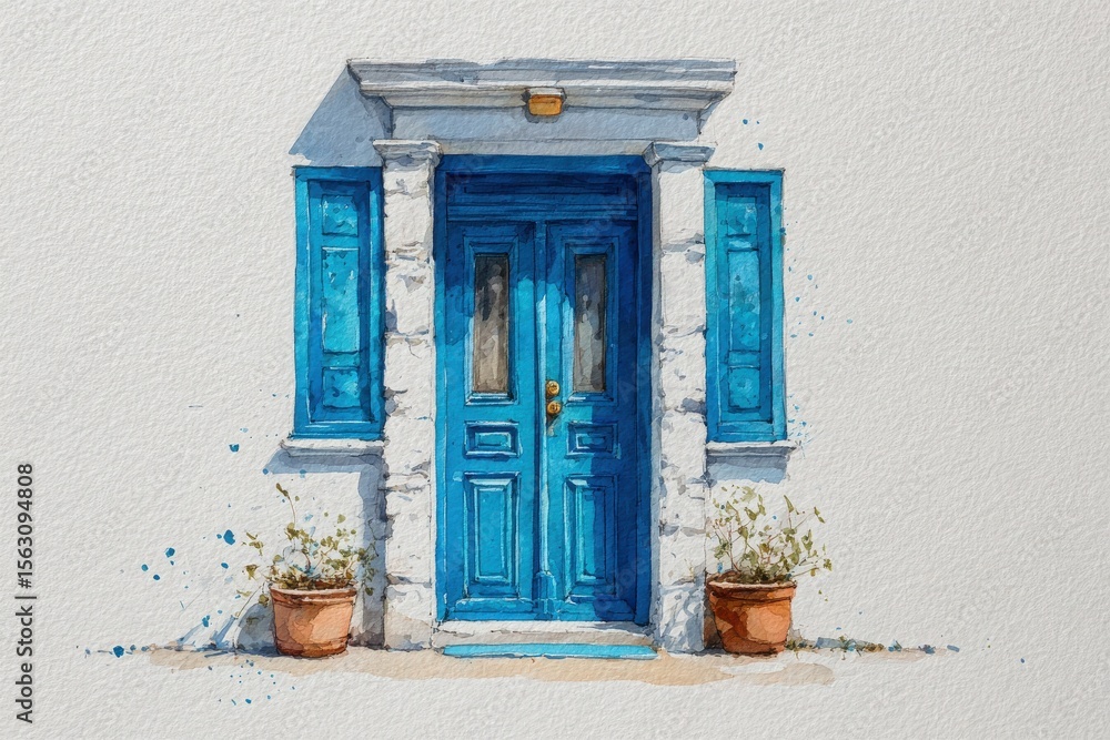 A vibrant blue door stands framed by white stone walls and matching shutters. Potted flowers add charm to the peaceful ambiance of this picturesque entrance.