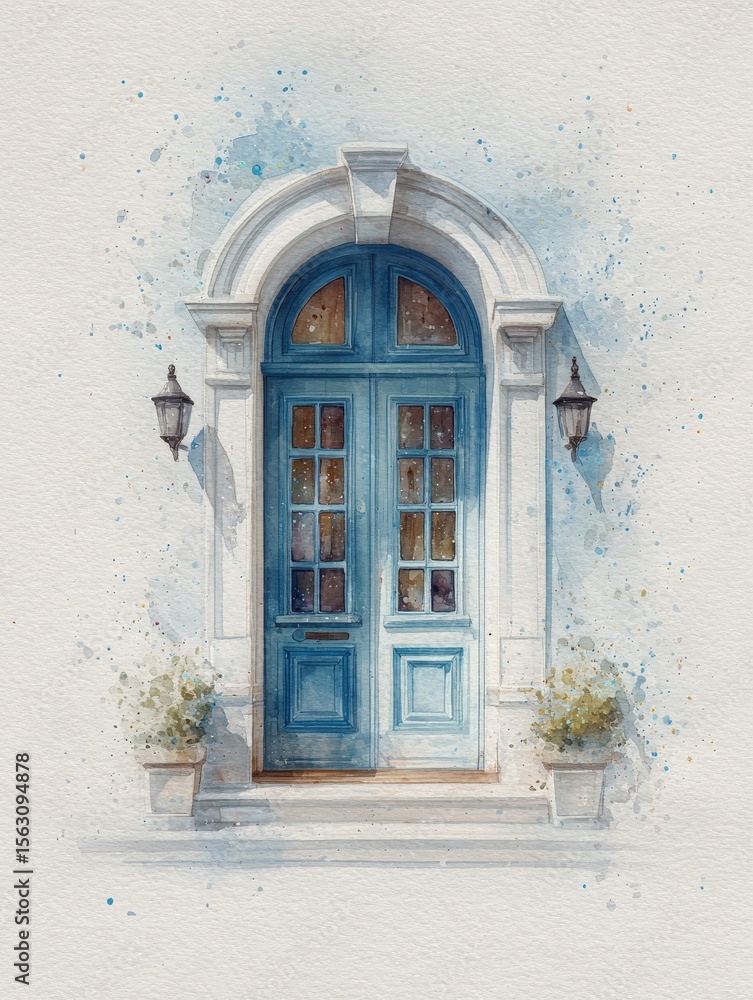 A beautiful blue door framed by elegant lanterns and adorned with flower planters stands out against a soft backdrop. The watercolor effect adds a dreamy quality to this inviting entrance.