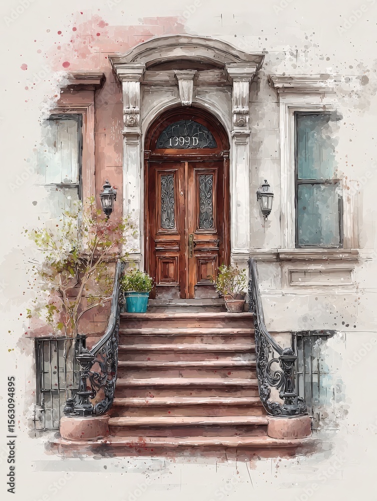 A charming brownstone entrance featuring an elegant wooden door with glass panels. The stairway has intricate wrought iron railings and is adorned with potted plants, adding a lively touch.