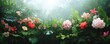 © Ghiska - Lush vibrant floral garden with blooming flowers and green foliage bathed in soft ethereal light and gentle haze