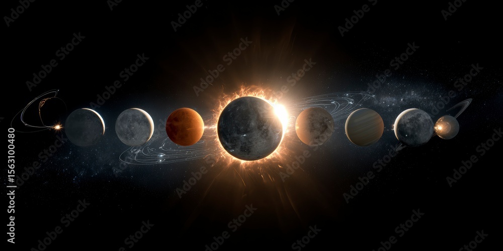 Celestial alignment of planets and a star during an eclipse captured in ...