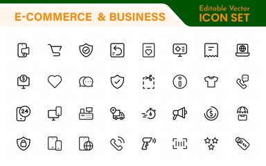 Wall Mural - E-Commerce set of web icons in line style. Online shopping icons for web and mobile app. Business, mobile shop, digital marketing, bank card, gifts, sale, delivery. Vector illustration